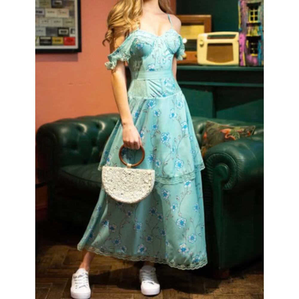 Corset Story Dress Mint Green Blue Floral Lace Fairy Cottagecore Size 28" Waist